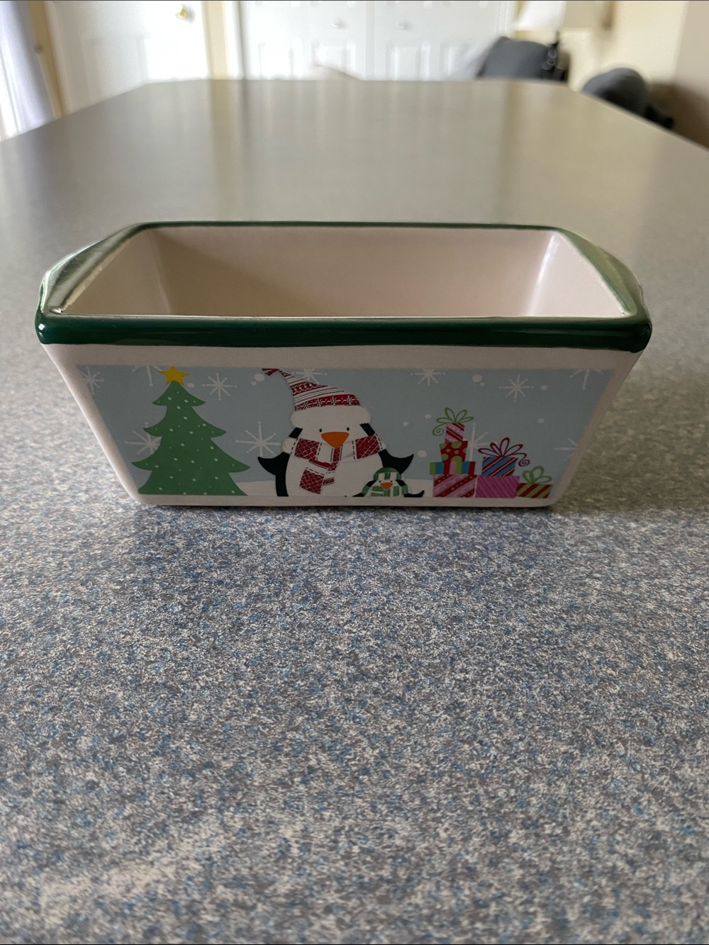 Holiday Penguin Ceramic Mini Loaf Dish with Green Trim